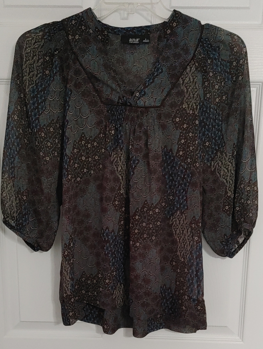 a.n.a Peasant Printed Sheer Blouse in Brown and Teal Women's Size Small